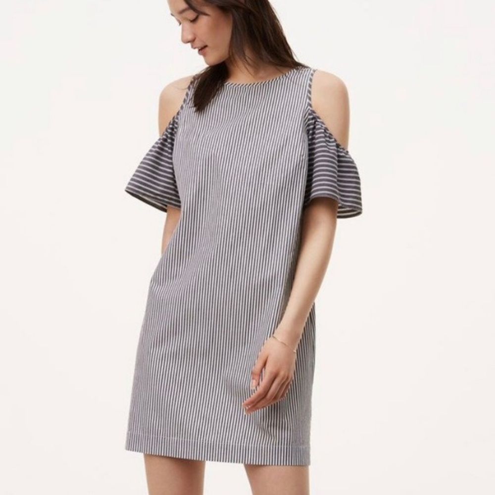 Ann Taylor LOFT Grey Striped Cold Shoulder Dress